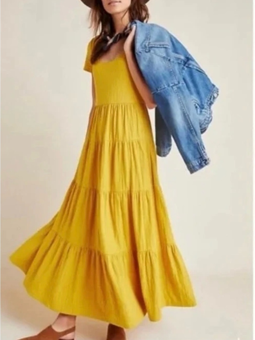 Maeve By Anthropologie Maxi Dress Gillian Knit Tiered Mustard Yellow